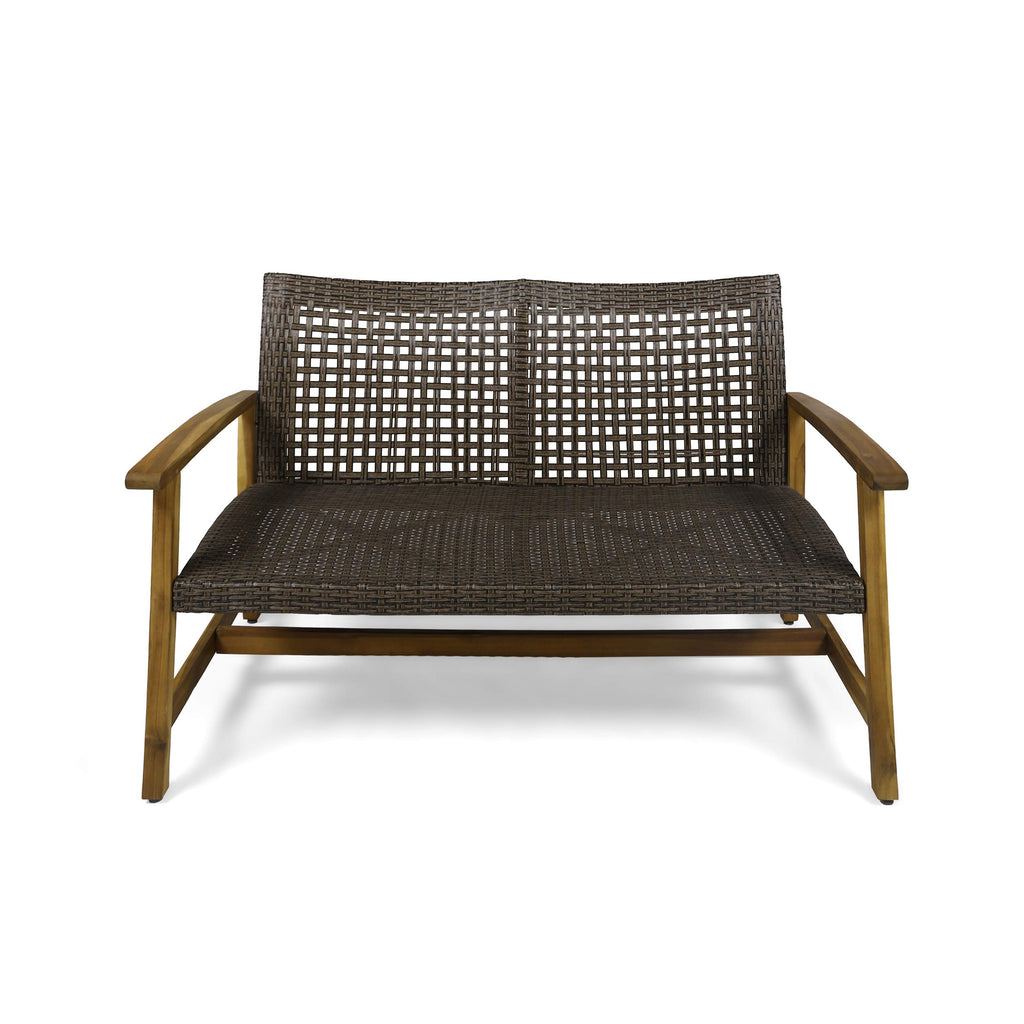 Great Deal Furniture Marcia Outdoor Wood and Wicker Loveseat, Natural Finish with Mix Mocha Wicker,Mix Mocha, Natural Stained Finish,307798