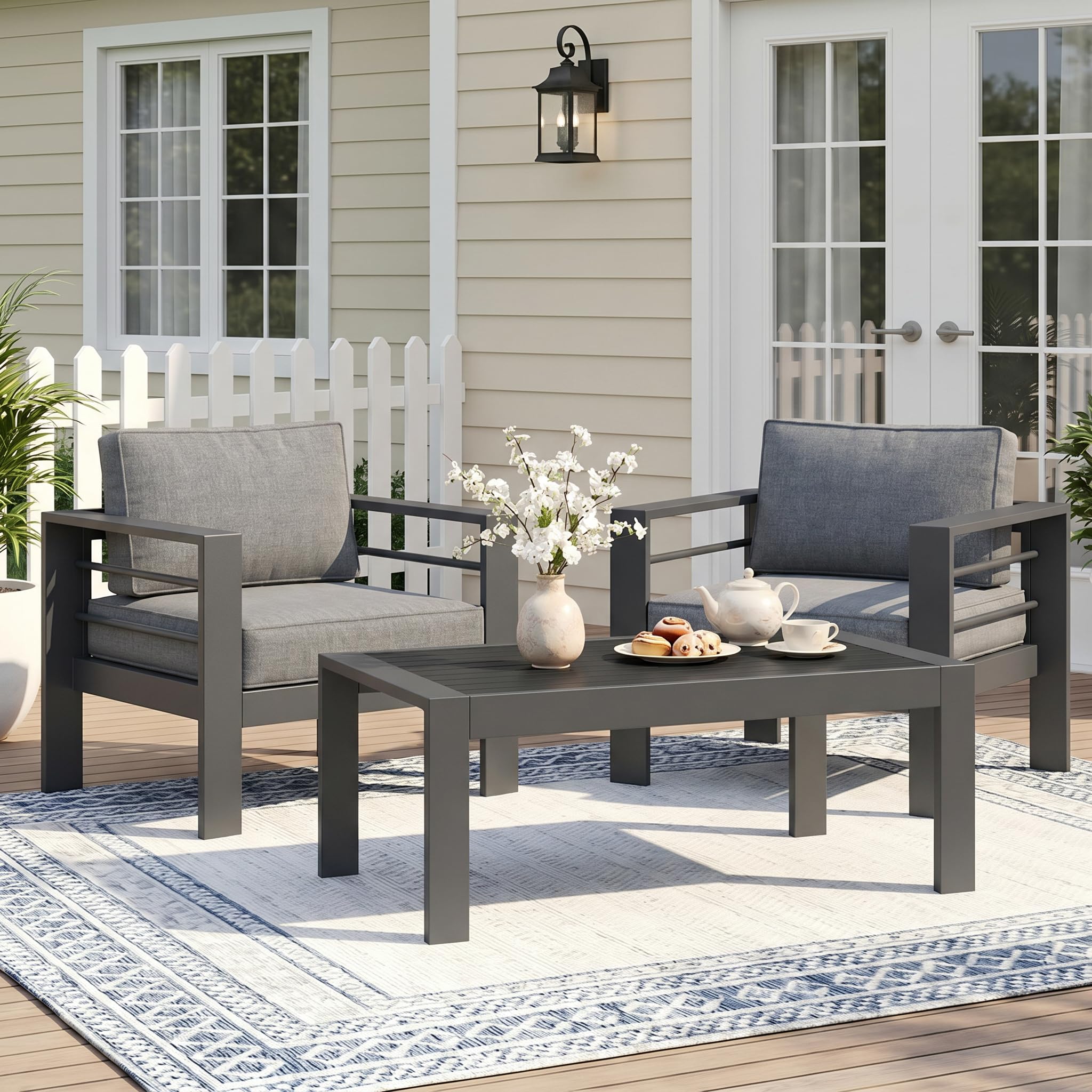Wisteria Lane Patio Furniture Aluminum Loveseat, All-Weather Outdoor 2 Seats Sofa Couch, Black Metal Chair with Light Grey Cushions