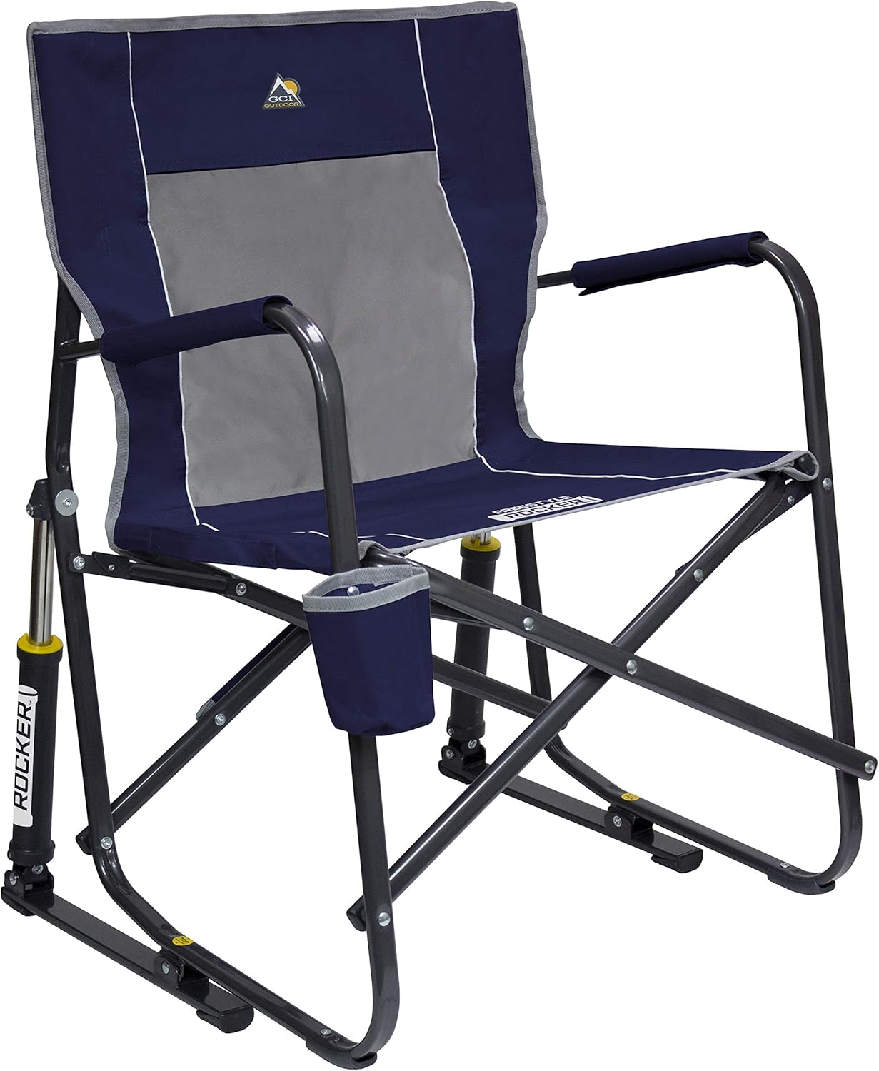 GCI Outdoor Freestyle Rocker Camping Chair | Portable Folding Rocking Chair with Solid, Durable Armrests, Drink Holder & Comfortable Backrest — Indigo Blue