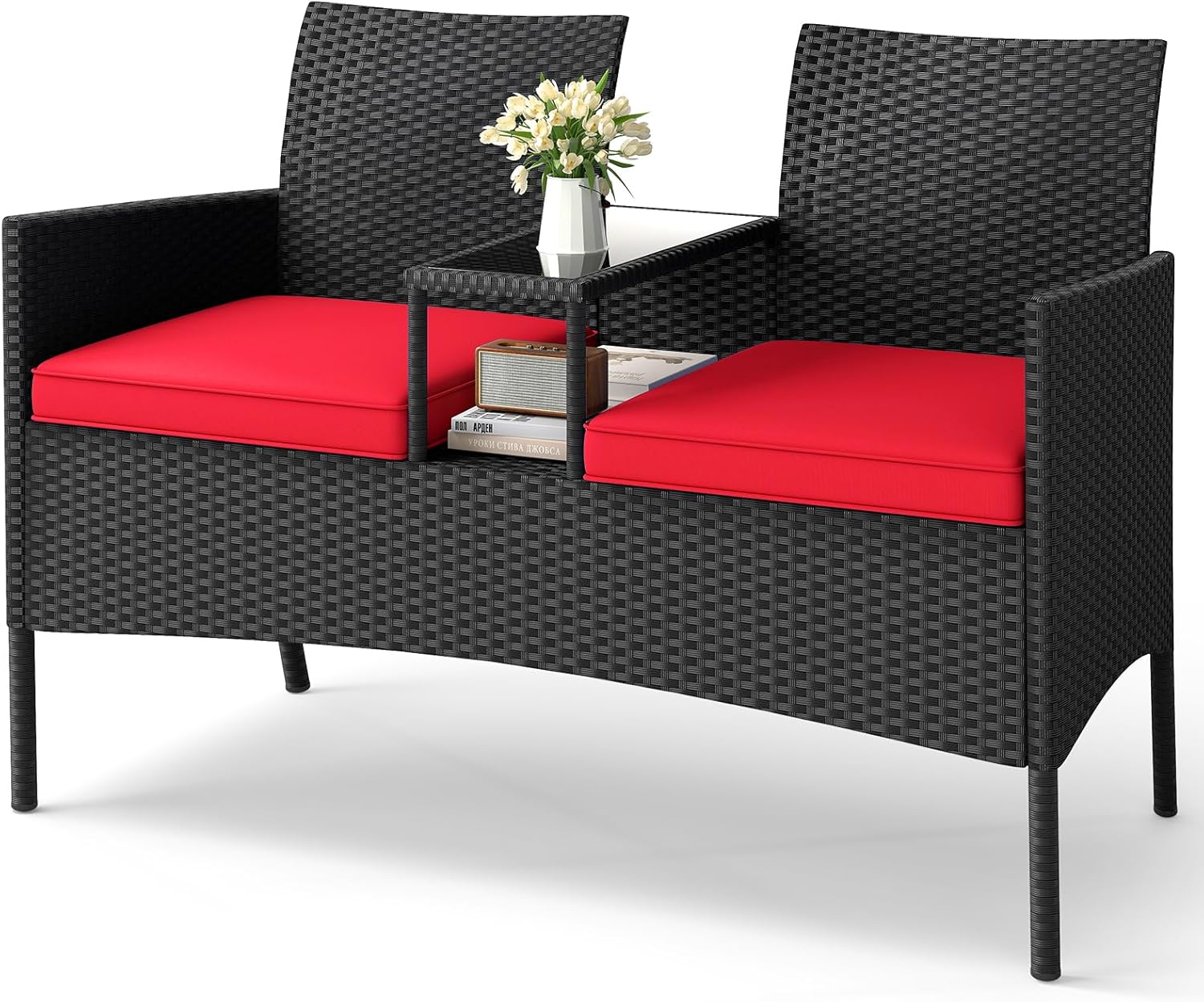 Wicker Patio Loveseat with Built-In Glass Side Table & Cushions, Metal Frame 2-Seat Outdoor Bench