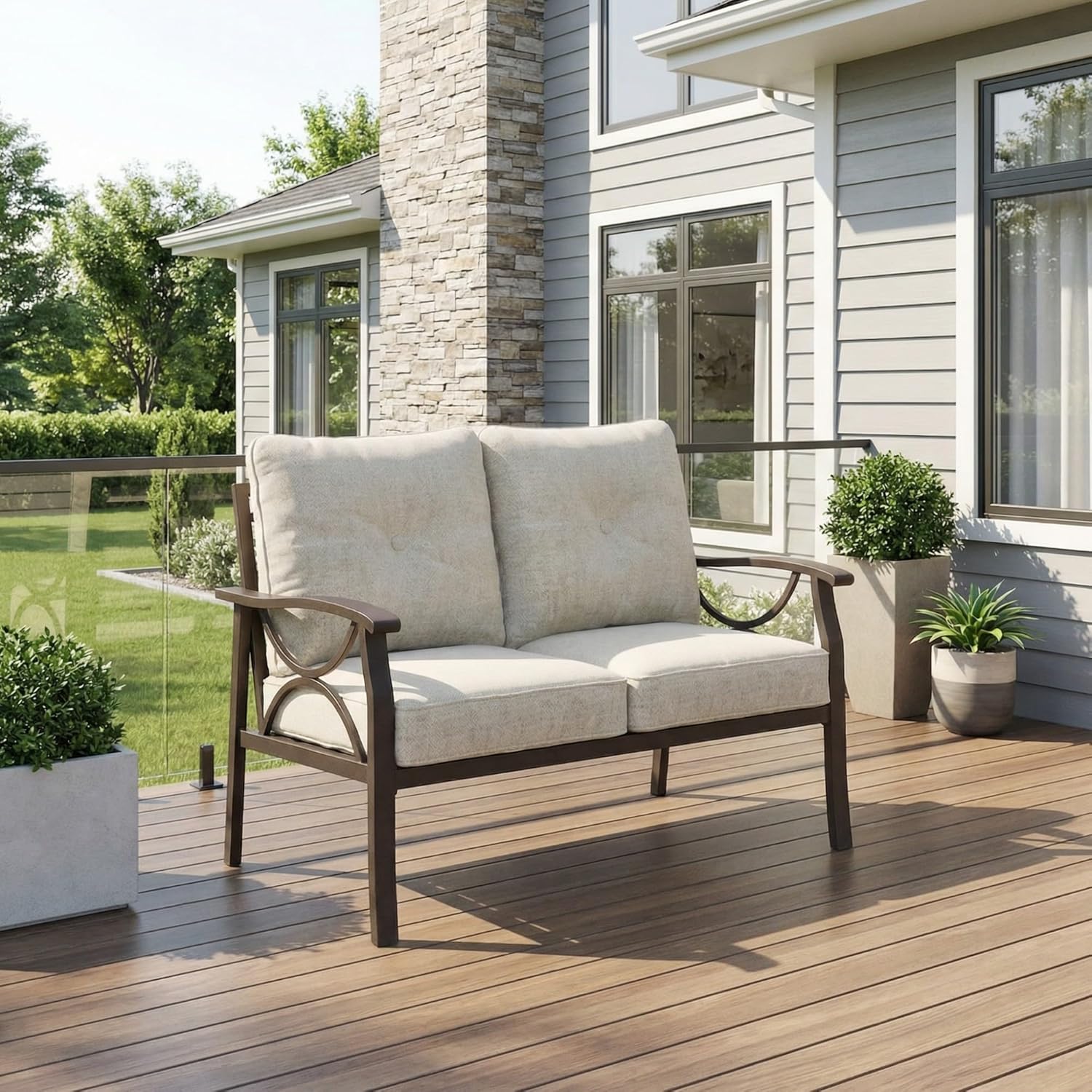 RoyalCraft Patio Loveseat, All-Weather Outdoor 2 Seats Sofa Couch, Khaki Metal Furniture with Beige Cushions