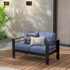 Wisteria Lane Patio Furniture Aluminum Loveseat, All-Weather Outdoor 2 Seats Sofa Couch, Black Metal Chair with Blue Cushions