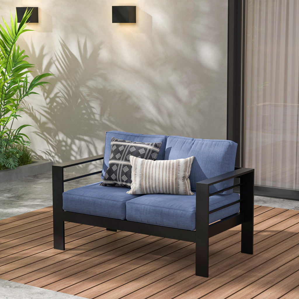 Wisteria Lane Patio Furniture Aluminum Loveseat, All-Weather Outdoor 2 Seats Sofa Couch, Black Metal Chair with Light Grey Cushions
