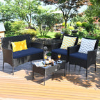 Tangkula 4 Piece Patio Furniture Set, Outdoor Wicker Conversation Set with Tempered Glass Coffee Table, Rattan Loveseat & Chairs Set with Seat Cushions for Backyard, Garden, Poolside (1, Beige)