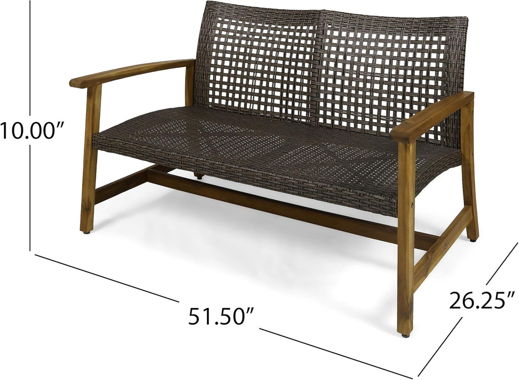 Great Deal Furniture Marcia Outdoor Wood and Wicker Loveseat, Natural Finish with Mix Mocha Wicker,Mix Mocha, Natural Stained Finish,307798