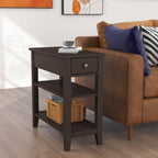 ChooChoo Side Table Living Room Set of 2, Narrow End Table with Drawer and Shelf, 3-Tier Sofa End Table for Small Space, White and Brown