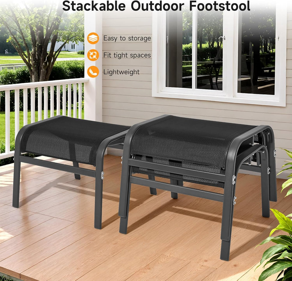 ONBRILL Outdoor Ottoman Foot Rest Set of 2, Textilene Fabric Outdoor Footstool with Tight Surface and Stable Metal Frame, Wide Use Outdoor Ottomans for Patio, Balcony, Poolside and Indoors, Black