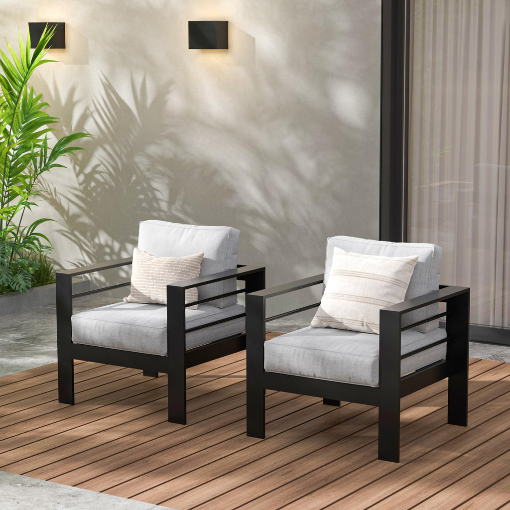 Wisteria Lane Patio Furniture Aluminum Loveseat, All-Weather Outdoor 2 Seats Sofa Couch, Black Metal Chair with Light Grey Cushions