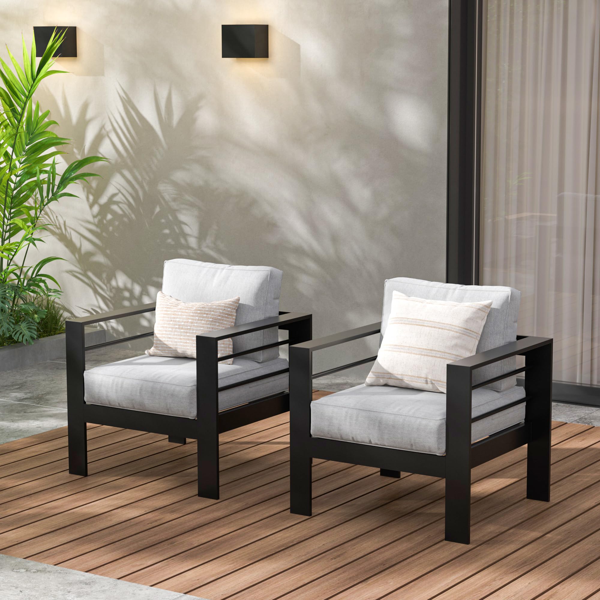Wisteria Lane Patio Furniture Aluminum Loveseat, All-Weather Outdoor 2 Seats Sofa Couch, Black Metal Chair with Light Grey Cushions