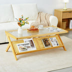 Bamboo Coffee Table, Accent Rattan Coffee Table with Glass Top, Mid-Century Wooden Center Tables, Modern Sofa Side Tea Tables with Storage for Living Room, Walnut