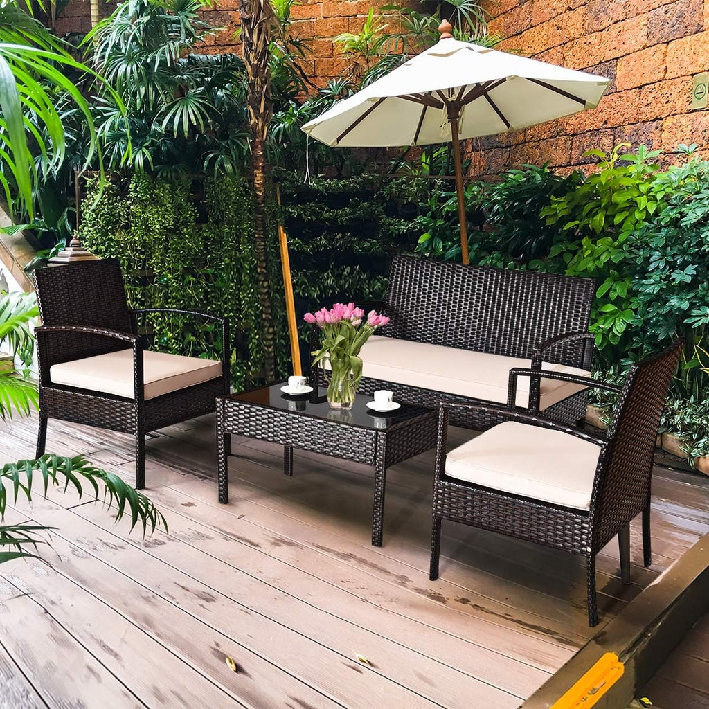 Tangkula 4 Piece Rattan Patio Furniture Set, All Weather Heavy Duty Wicker Outdoor Conversation Set, Includes Loveseat Bench, Single Chairs and Coffee Table, for Porch, Backyard, Garden, Poolside (1)