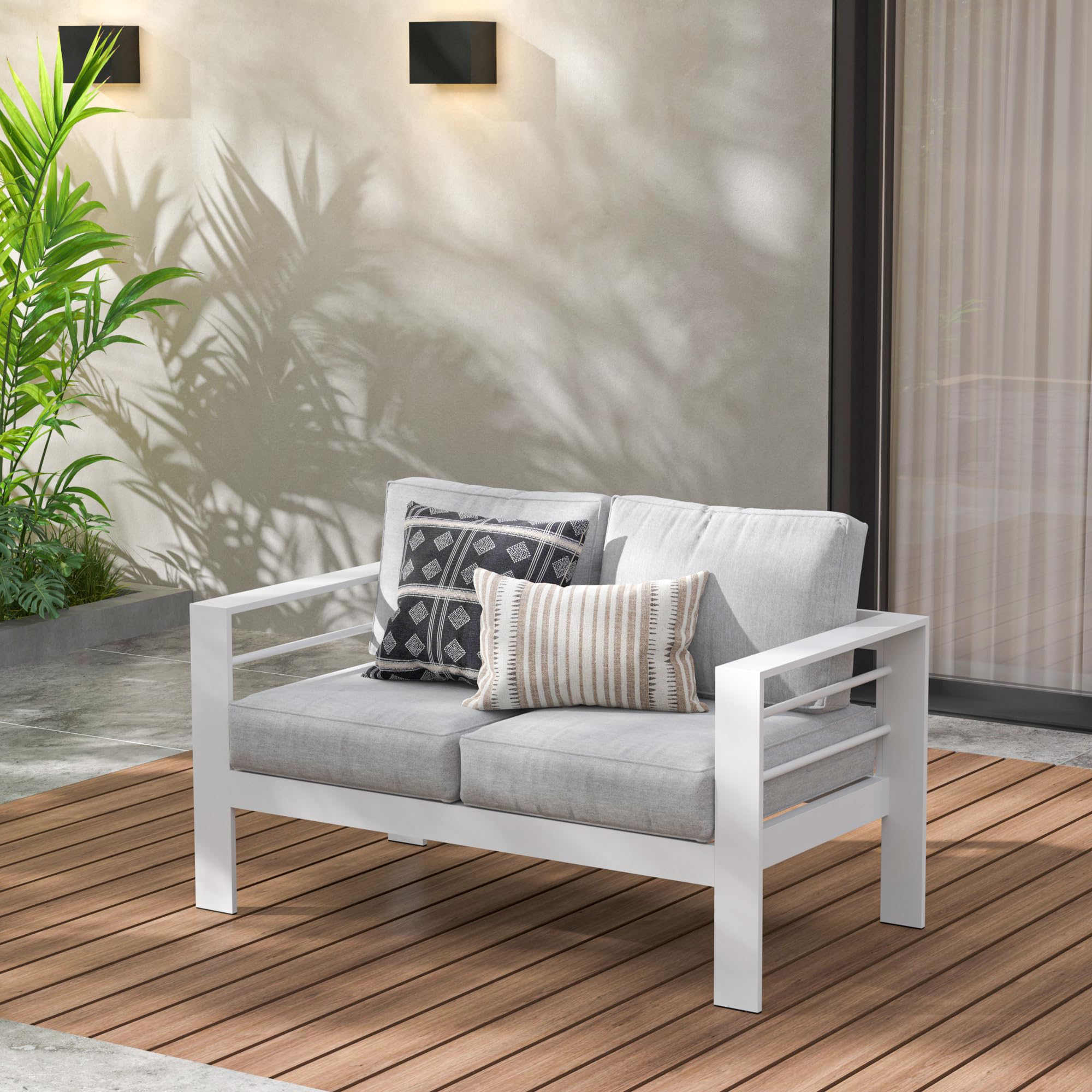 Wisteria Lane Patio Furniture Aluminum Loveseat, All-Weather Outdoor 2 Seats Sofa Couch, Black Metal Chair with Light Grey Cushions