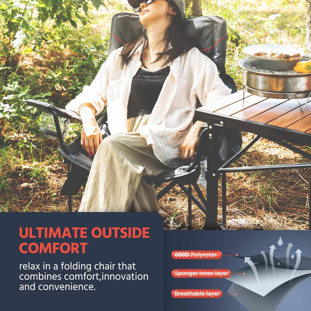 OUTSIDER Oversized Folding Camping Chair 300LB Capacity, Portable Outdoor Lawn Chairs with Ergonomic Lumbar Support, Cooler Bag, Cup Holder, Pockets, Headrest for Beach, Lawn, Hiking (Style-1, 1pc)