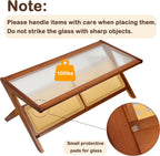 Bamboo Coffee Table, Accent Rattan Coffee Table with Glass Top, Mid-Century Wooden Center Tables, Modern Sofa Side Tea Tables with Storage for Living Room, Walnut
