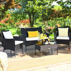 Tangkula 4 Piece Patio Furniture Set, Outdoor Wicker Conversation Set with Tempered Glass Coffee Table, Rattan Loveseat & Chairs Set with Seat Cushions for Backyard, Garden, Poolside (1, Beige)