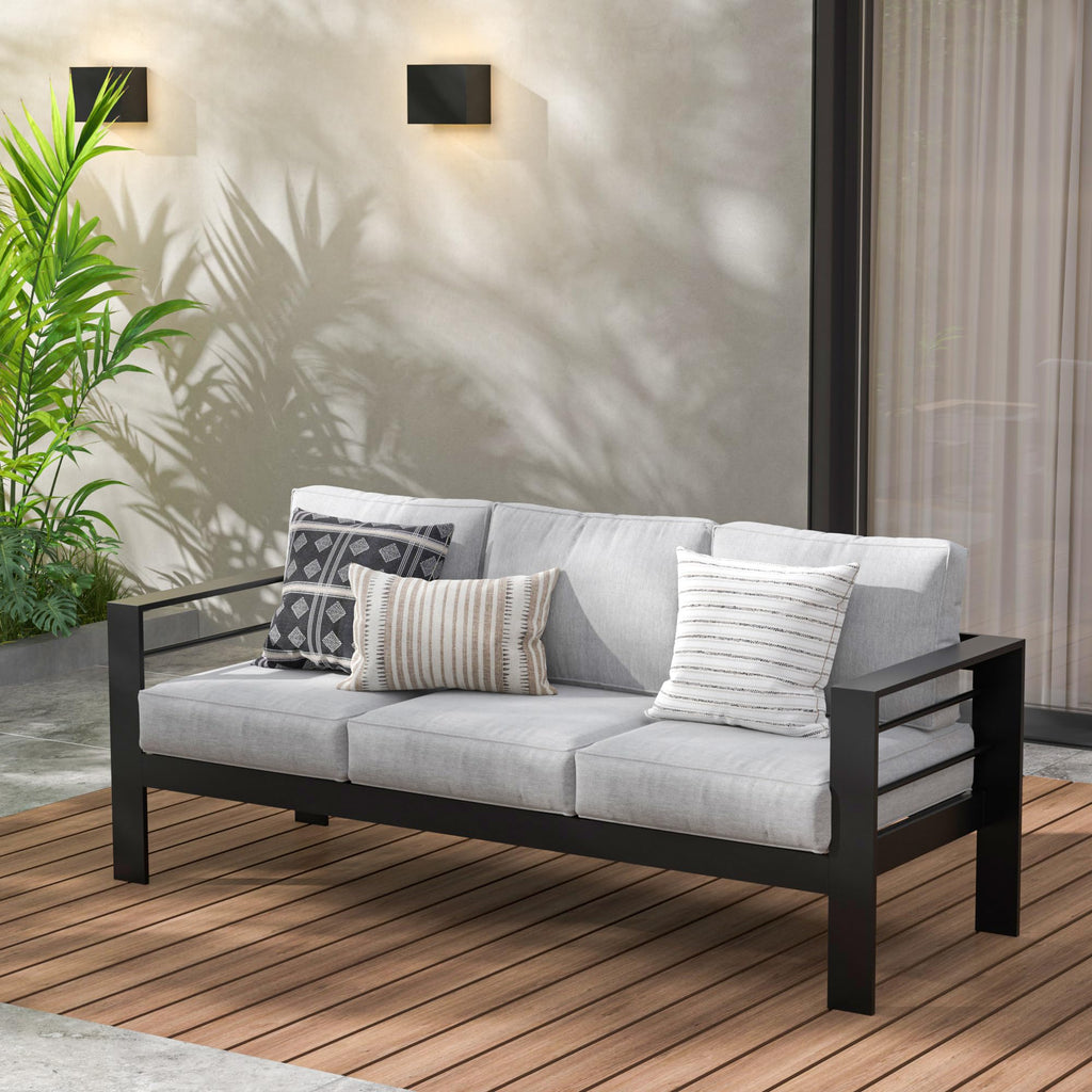 Wisteria Lane Patio Furniture Aluminum Loveseat, All-Weather Outdoor 2 Seats Sofa Couch, Black Metal Chair with Light Grey Cushions