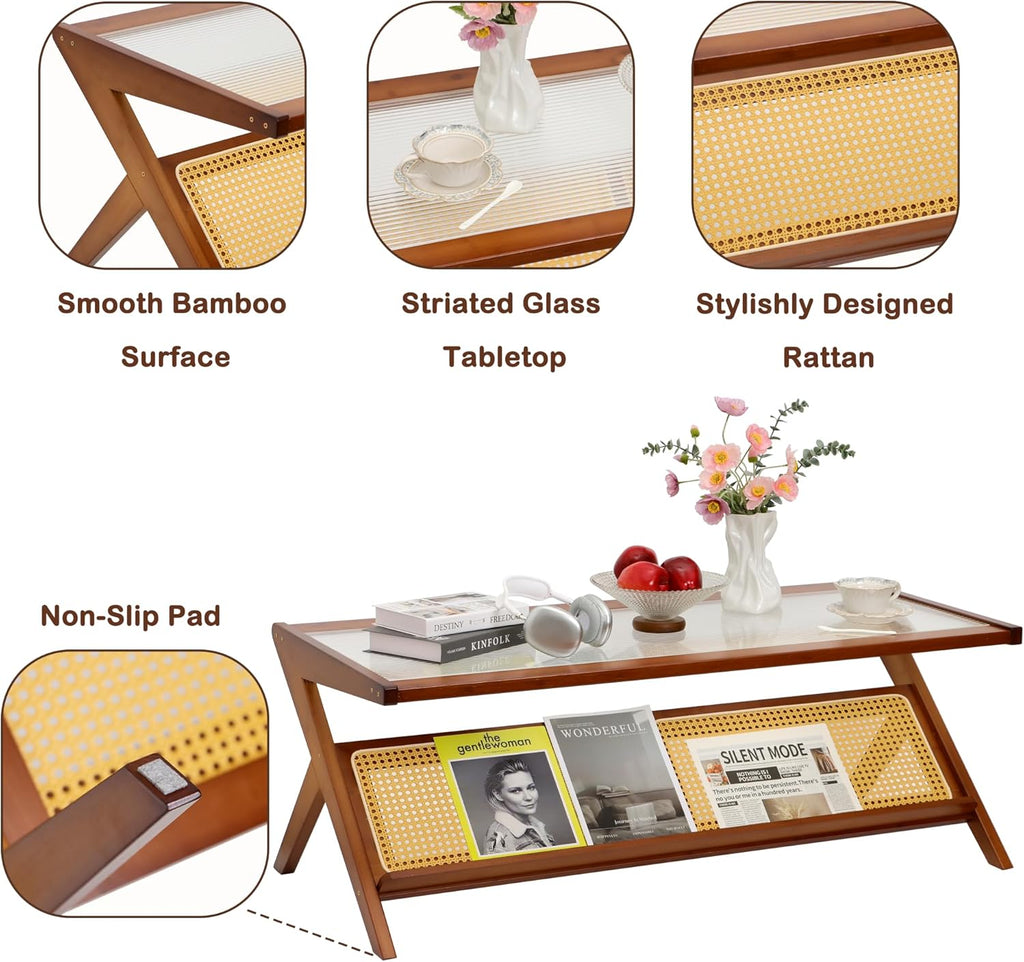 Bamboo Coffee Table, Accent Rattan Coffee Table with Glass Top, Mid-Century Wooden Center Tables, Modern Sofa Side Tea Tables with Storage for Living Room, Walnut