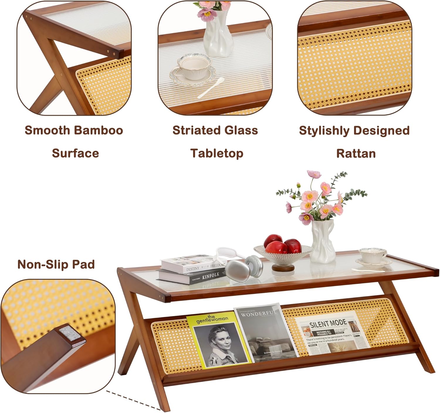 Bamboo Coffee Table, Accent Rattan Coffee Table with Glass Top, Mid-Century Wooden Center Tables, Modern Sofa Side Tea Tables with Storage for Living Room, Walnut