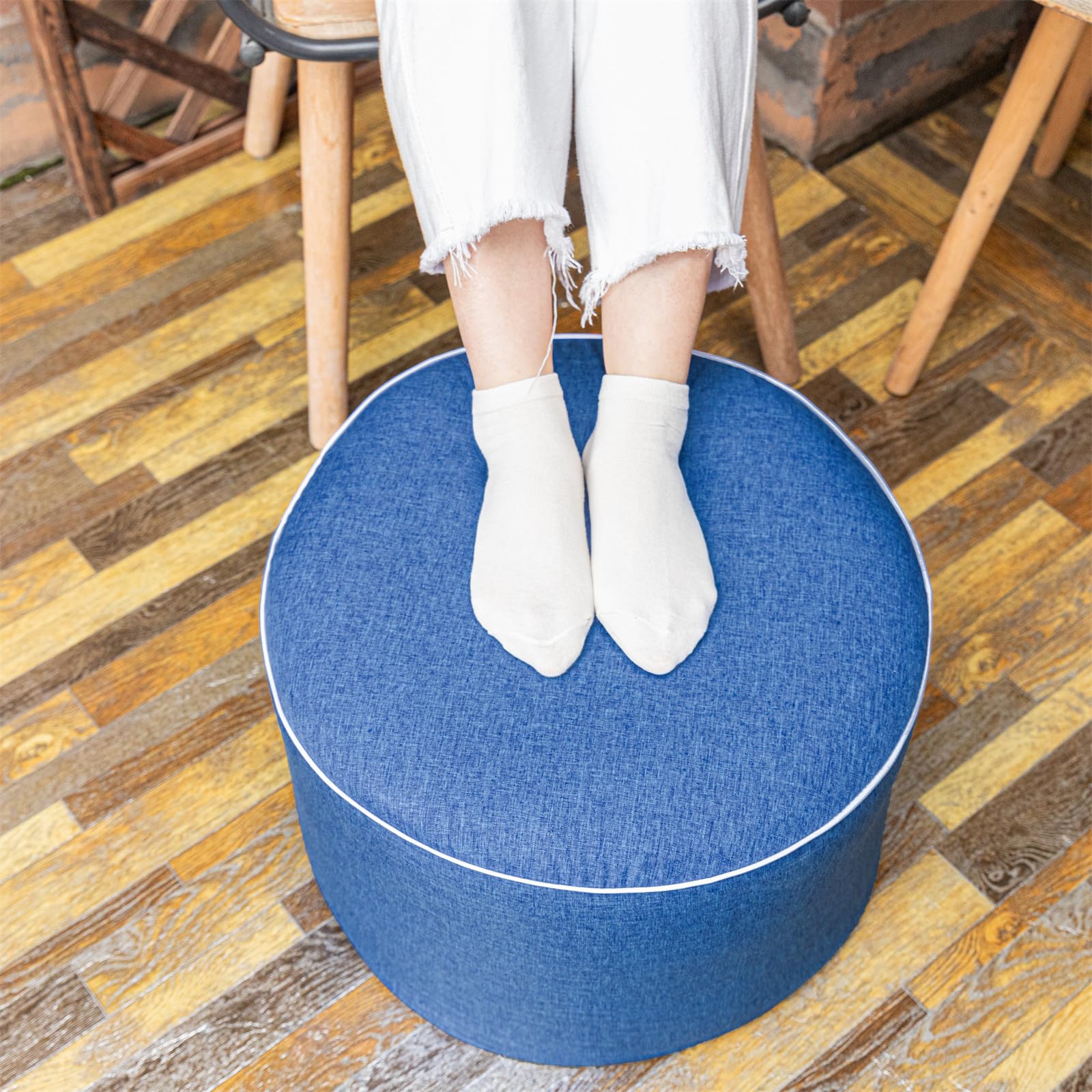Outdoor Ottoman Outdoor Ottomans for Patio 20x12 Inches Modern Lightweight Foam Stuffed Pouf Outdoor Footstool Footrest Foot Stool Waterproof (Navy Blue)