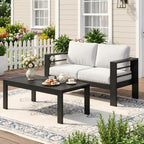 Wisteria Lane Patio Furniture Aluminum Loveseat, All-Weather Outdoor 2 Seats Sofa Couch, Black Metal Chair with Light Grey Cushions