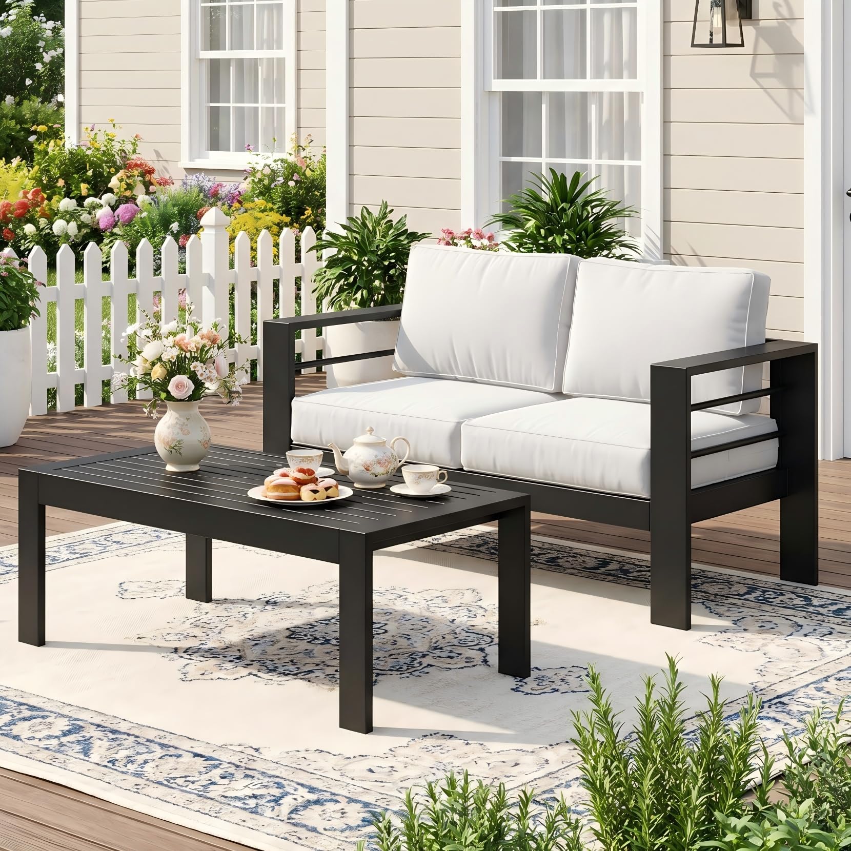 Wisteria Lane Patio Furniture Aluminum Loveseat, All-Weather Outdoor 2 Seats Sofa Couch, Black Metal Chair with Light Grey Cushions
