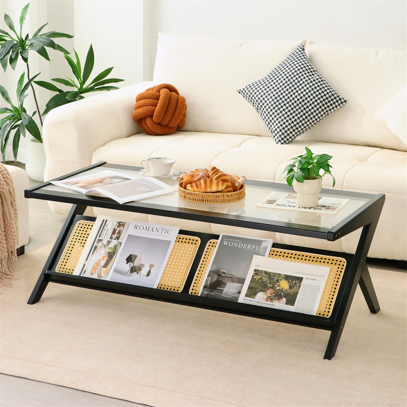 Bamboo Coffee Table, Accent Rattan Coffee Table with Glass Top, Mid-Century Wooden Center Tables, Modern Sofa Side Tea Tables with Storage for Living Room, Walnut