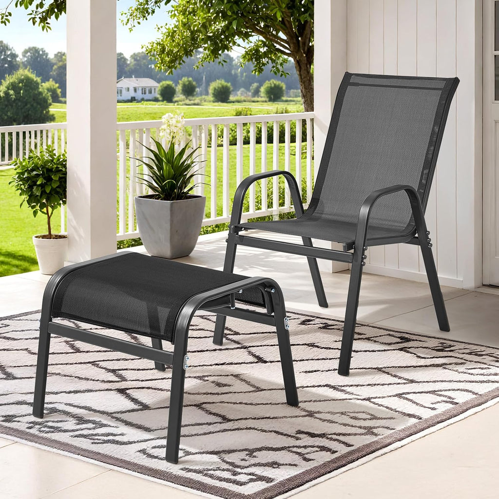 ONBRILL Outdoor Ottoman Foot Rest Set of 2, Textilene Fabric Outdoor Footstool with Tight Surface and Stable Metal Frame, Wide Use Outdoor Ottomans for Patio, Balcony, Poolside and Indoors, Black