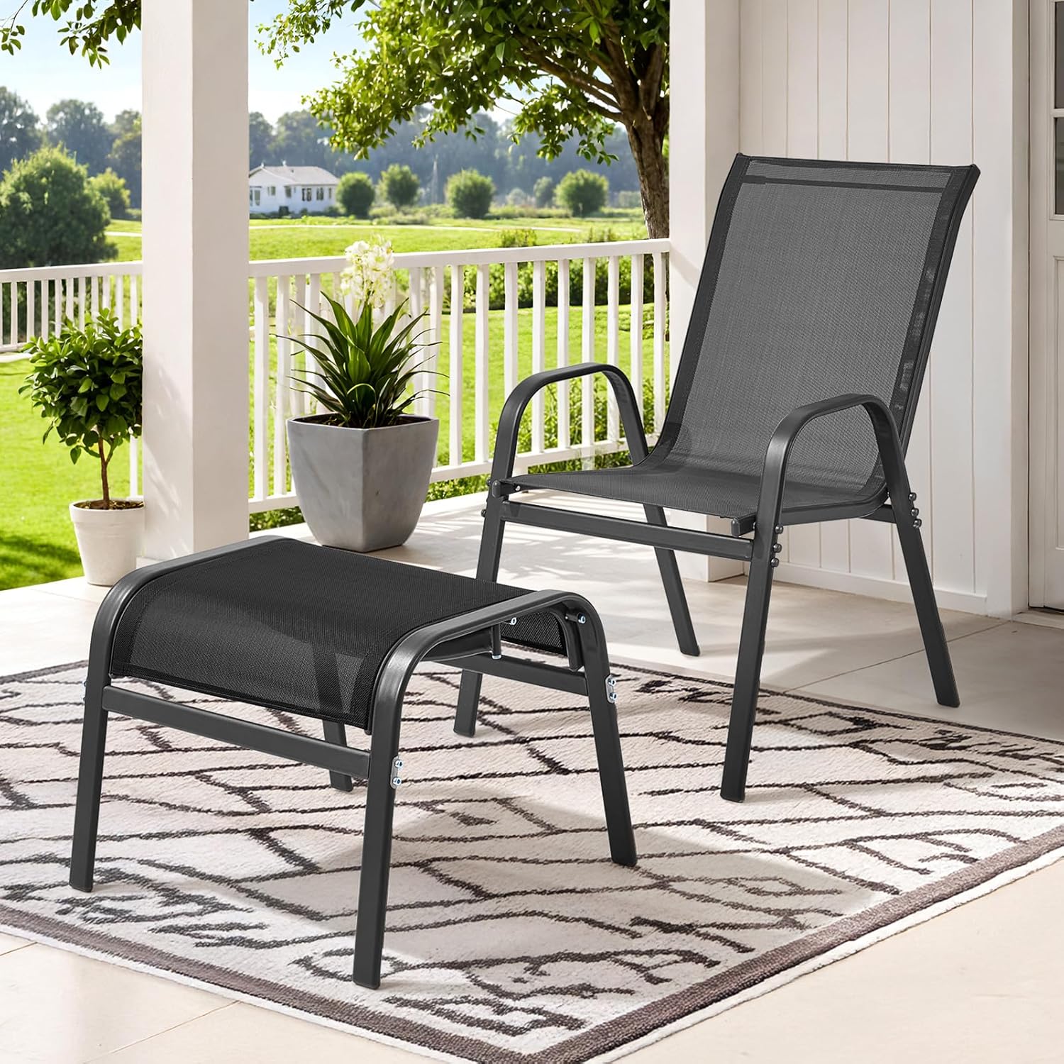 ONBRILL Outdoor Ottoman Foot Rest Set of 2, Textilene Fabric Outdoor Footstool with Tight Surface and Stable Metal Frame, Wide Use Outdoor Ottomans for Patio, Balcony, Poolside and Indoors, Black