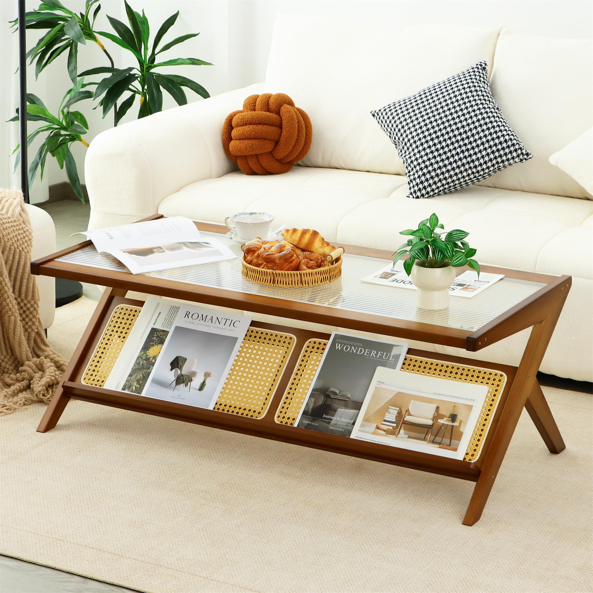 Bamboo Coffee Table, Accent Rattan Coffee Table with Glass Top, Mid-Century Wooden Center Tables, Modern Sofa Side Tea Tables with Storage for Living Room, Walnut