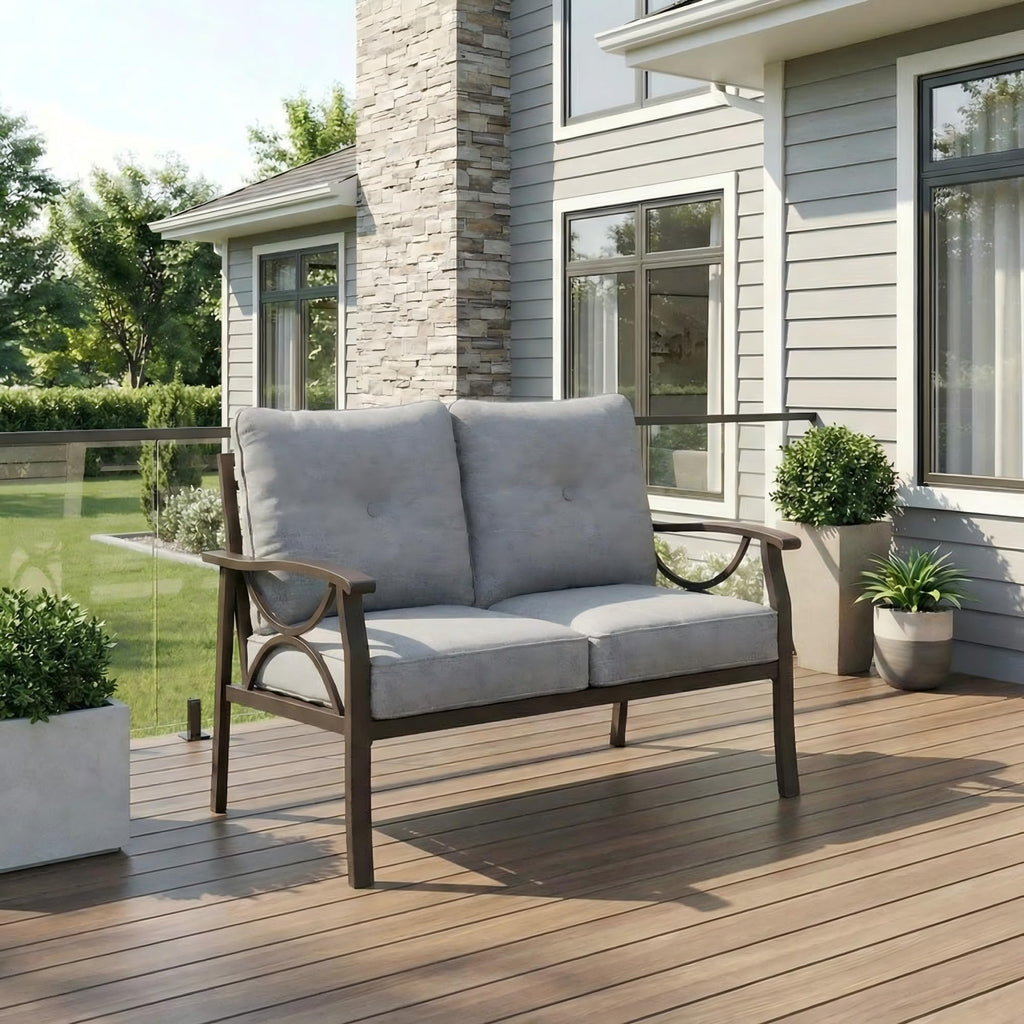 RoyalCraft Patio Loveseat, All-Weather Outdoor 2 Seats Sofa Couch, Khaki Metal Furniture with Beige Cushions