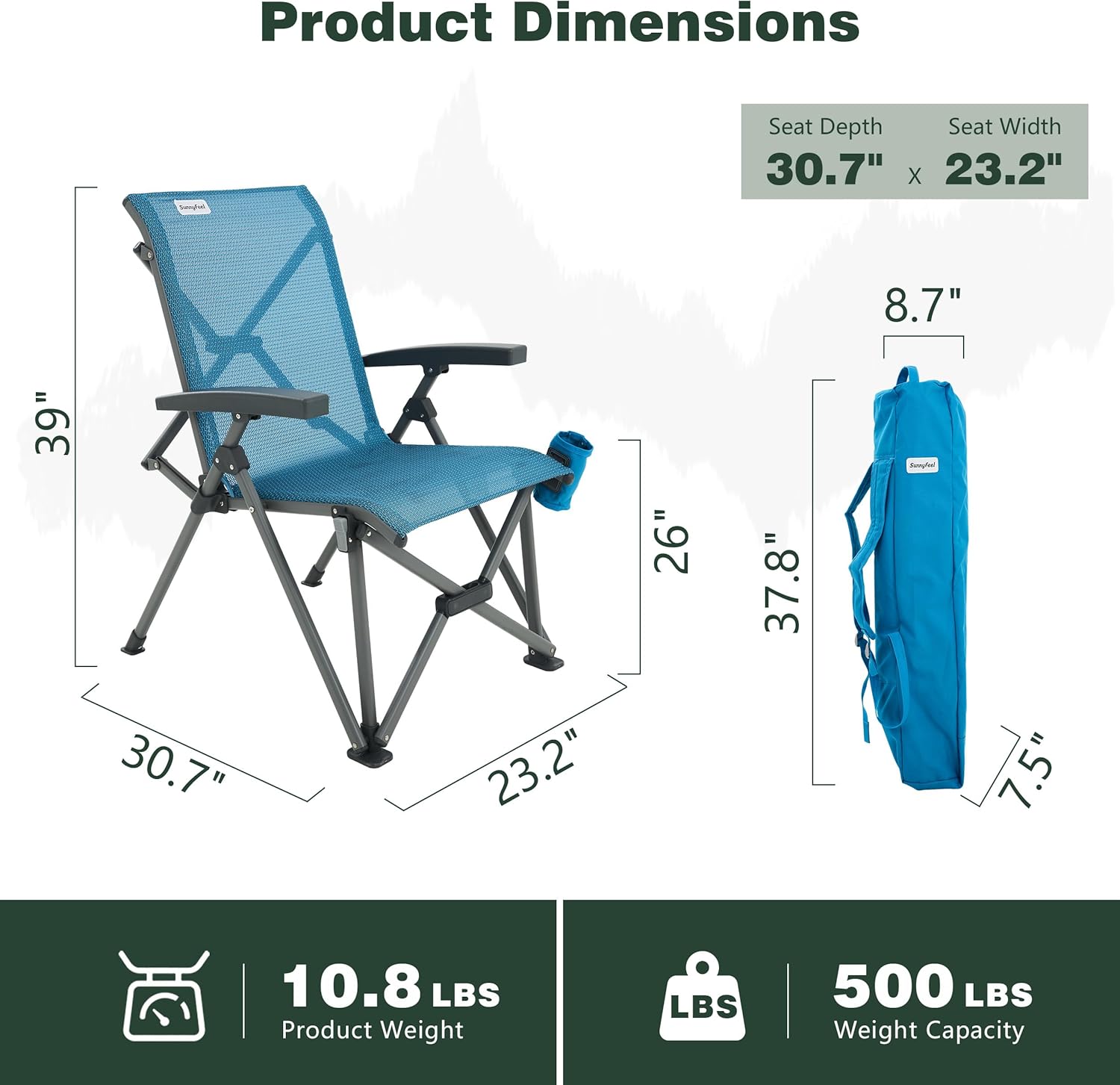 SUNNYFEEL Folding Camping Chair Heavy Duty Ergonomic Chairs Support 500lbs with Adjustable Breathable High Back Support and Cup Holder, Aluminum Frame for Fishing, Camp, Beach, Lawn, RV, Patio