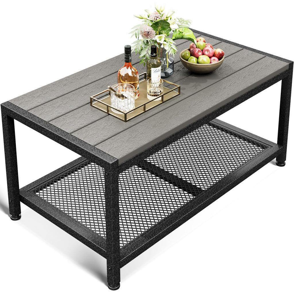 ODK Outdoor Coffee Table, Rectangle Weather-Resistant Patio Coffee Table for Garden, Balcony, Hot Tub, Poolside, Heavy-Duty Metal Frame, Black