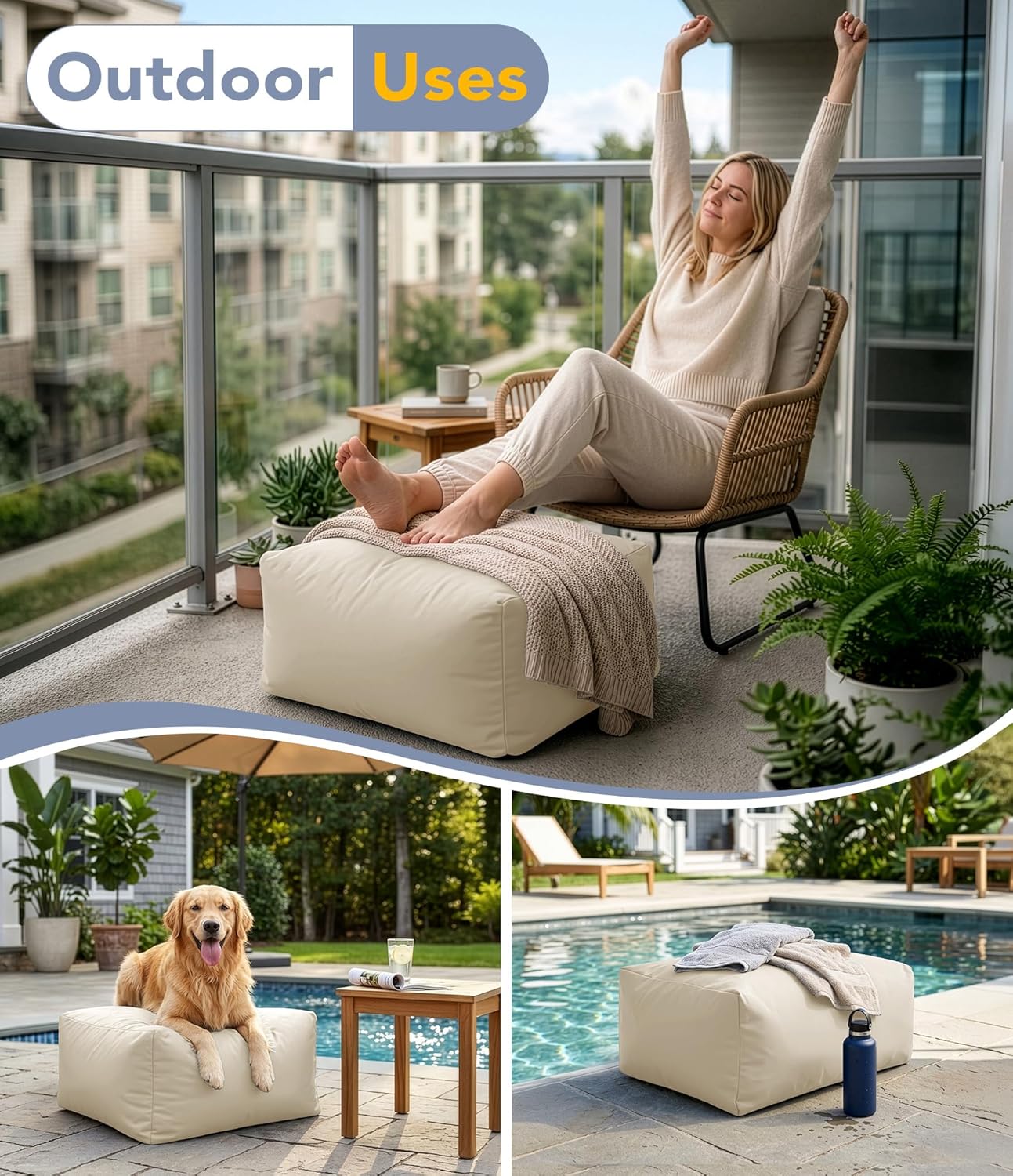 Outdoor Patio Bean Bag Ottoman - Small Beanbag Foot Rest Pouf Rectangular with Shredded Foam Filling, Splash-Proof Detachable Zipper Cover for Relaxing, Beige