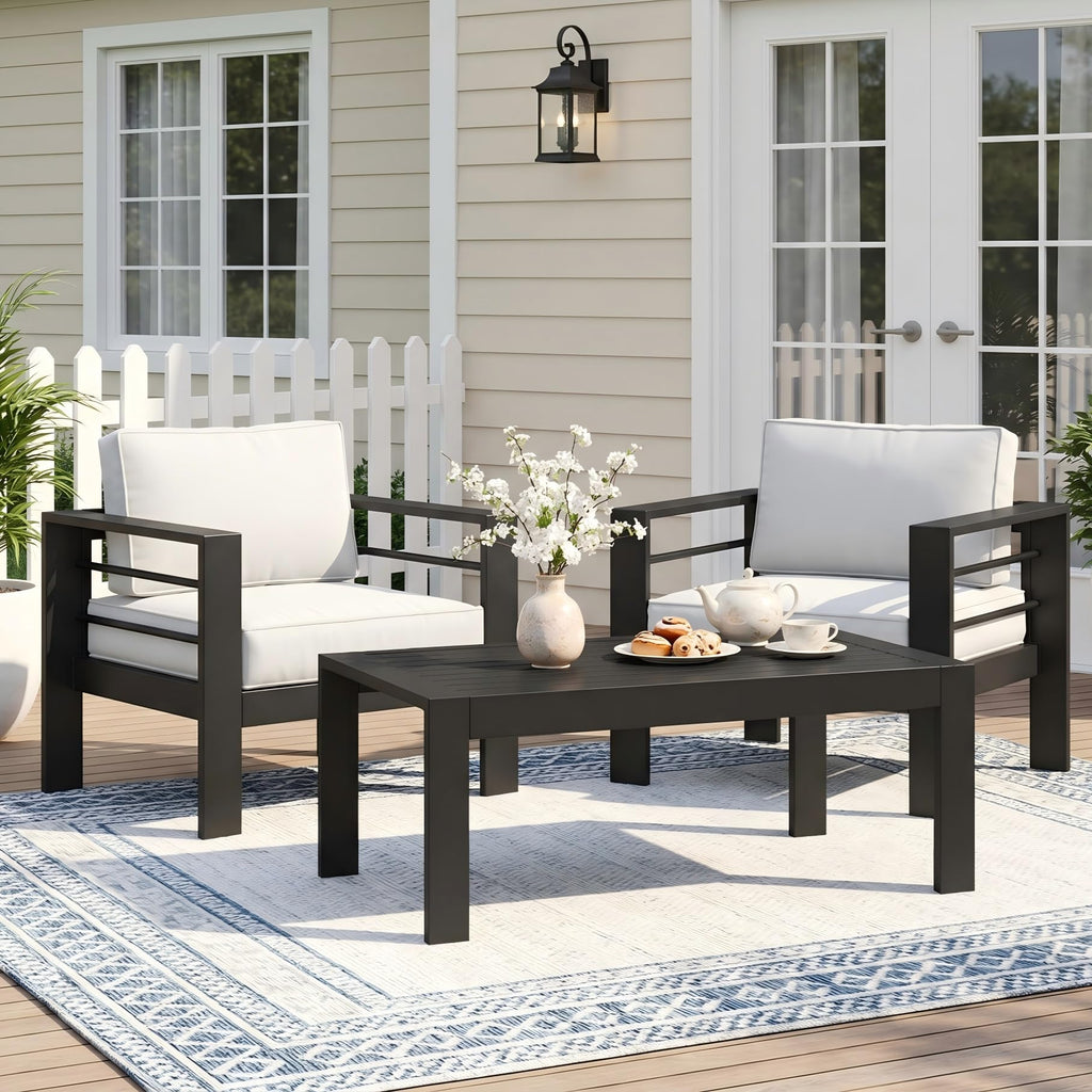 Wisteria Lane Patio Furniture Aluminum Loveseat, All-Weather Outdoor 2 Seats Sofa Couch, Black Metal Chair with Light Grey Cushions