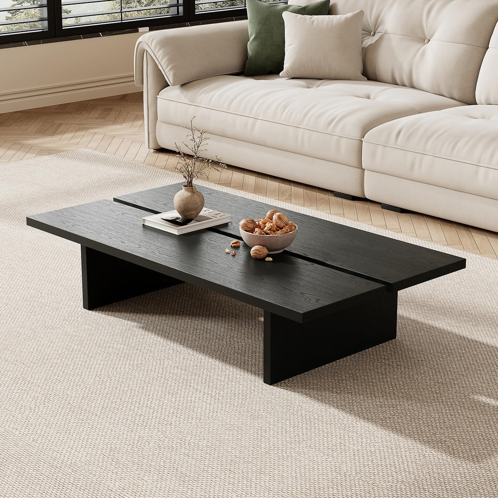 Rectangle Coffee Table, 47" Modern Walnut Living Room Table with Wood Grain Surface, Low Profile Center Table, Japanese Tea Table, 2-Leg Design for Small Apartment Sofa, Walnut Brown