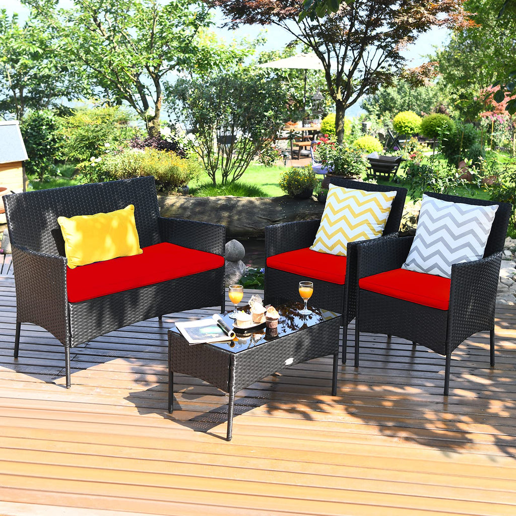 Tangkula 4 Piece Patio Furniture Set, Outdoor Wicker Conversation Set with Tempered Glass Coffee Table, Rattan Loveseat & Chairs Set with Seat Cushions for Backyard, Garden, Poolside (1, Beige)