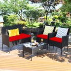 Tangkula 4 Piece Patio Furniture Set, Outdoor Wicker Conversation Set with Tempered Glass Coffee Table, Rattan Loveseat & Chairs Set with Seat Cushions for Backyard, Garden, Poolside (1, Beige)