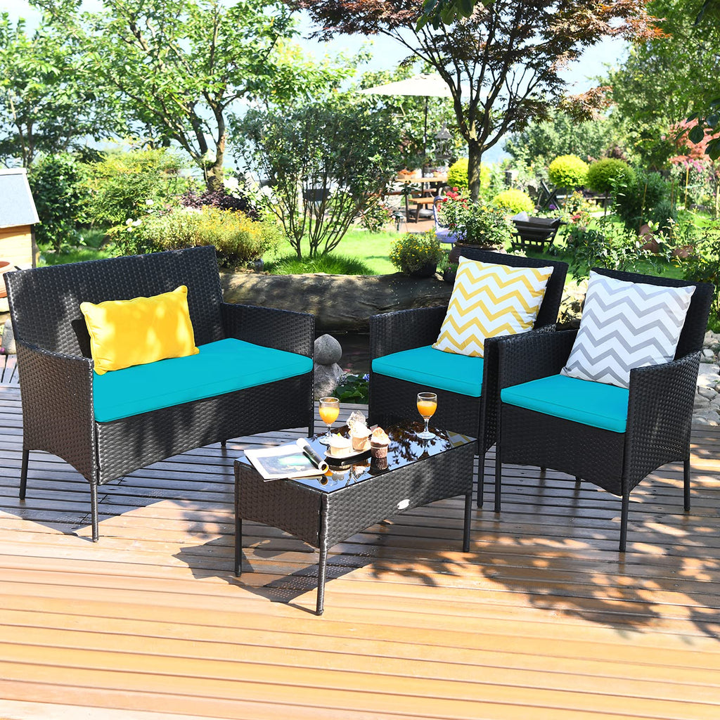 Tangkula 4 Piece Patio Furniture Set, Outdoor Wicker Conversation Set with Tempered Glass Coffee Table, Rattan Loveseat & Chairs Set with Seat Cushions for Backyard, Garden, Poolside (1, Beige)