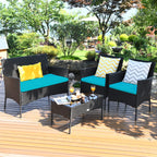 Tangkula 4 Piece Patio Furniture Set, Outdoor Wicker Conversation Set with Tempered Glass Coffee Table, Rattan Loveseat & Chairs Set with Seat Cushions for Backyard, Garden, Poolside (1, Beige)