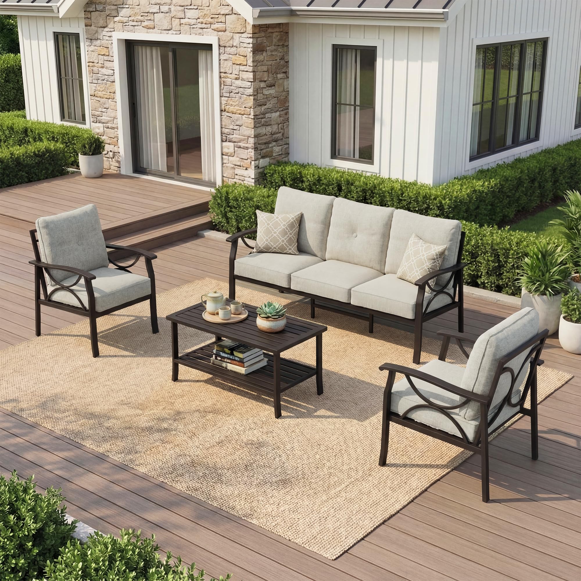 RoyalCraft Patio Loveseat, All-Weather Outdoor 2 Seats Sofa Couch, Khaki Metal Furniture with Beige Cushions