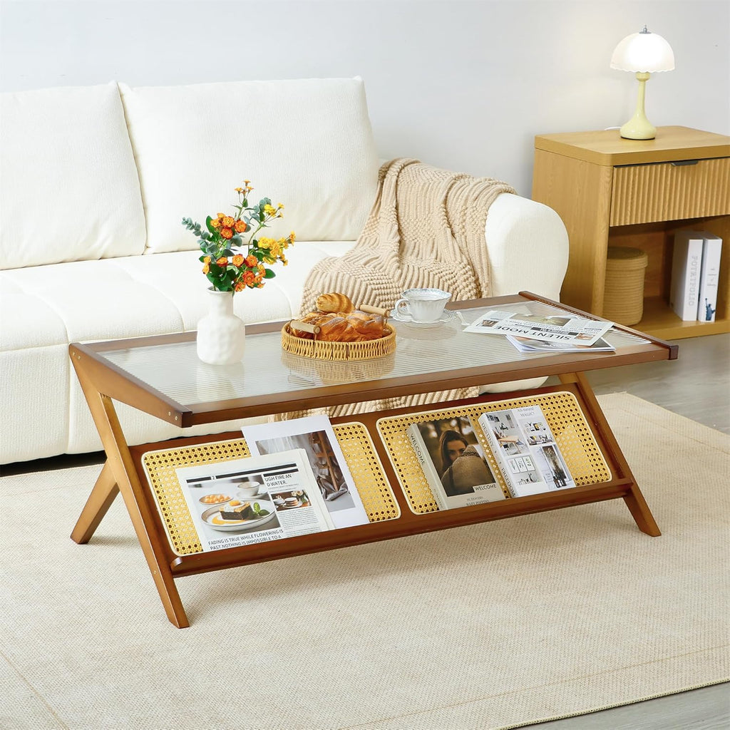 Bamboo Coffee Table, Accent Rattan Coffee Table with Glass Top, Mid-Century Wooden Center Tables, Modern Sofa Side Tea Tables with Storage for Living Room, Walnut