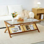 Bamboo Coffee Table, Accent Rattan Coffee Table with Glass Top, Mid-Century Wooden Center Tables, Modern Sofa Side Tea Tables with Storage for Living Room, Walnut