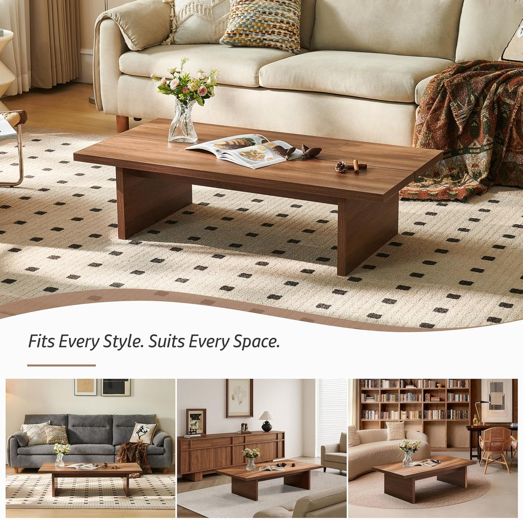 Rectangle Coffee Table, 47" Modern Walnut Living Room Table with Wood Grain Surface, Low Profile Center Table, Japanese Tea Table, 2-Leg Design for Small Apartment Sofa, Walnut Brown