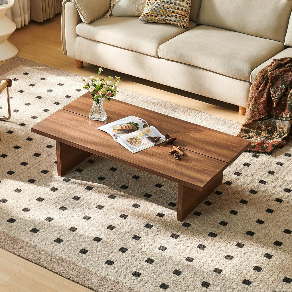 Rectangle Coffee Table, 47" Modern Walnut Living Room Table with Wood Grain Surface, Low Profile Center Table, Japanese Tea Table, 2-Leg Design for Small Apartment Sofa, Walnut Brown