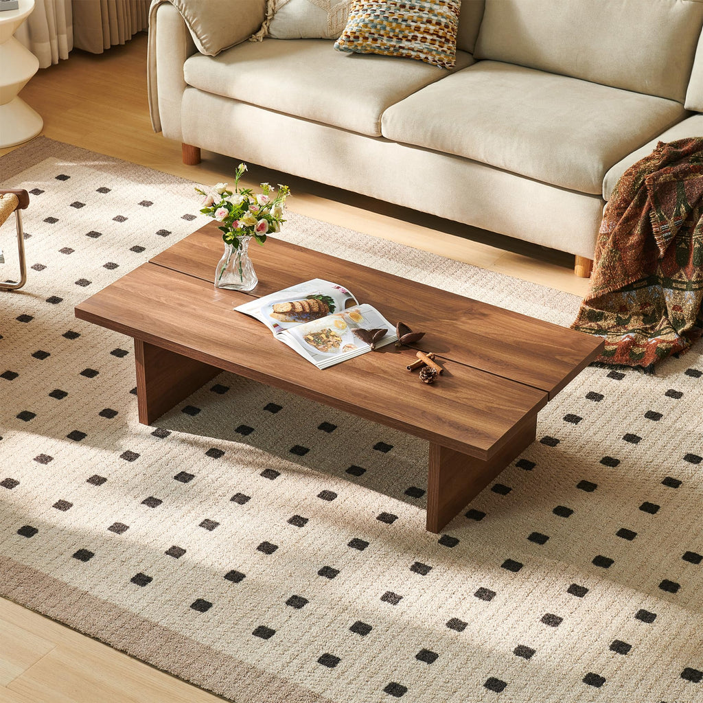 Rectangle Coffee Table, 47" Modern Walnut Living Room Table with Wood Grain Surface, Low Profile Center Table, Japanese Tea Table, 2-Leg Design for Small Apartment Sofa, Walnut Brown