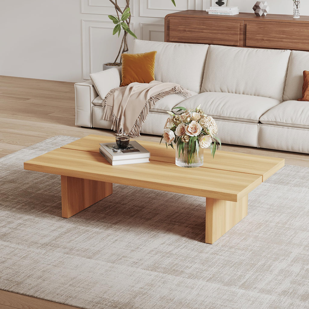 Rectangle Coffee Table, 47" Modern Walnut Living Room Table with Wood Grain Surface, Low Profile Center Table, Japanese Tea Table, 2-Leg Design for Small Apartment Sofa, Walnut Brown