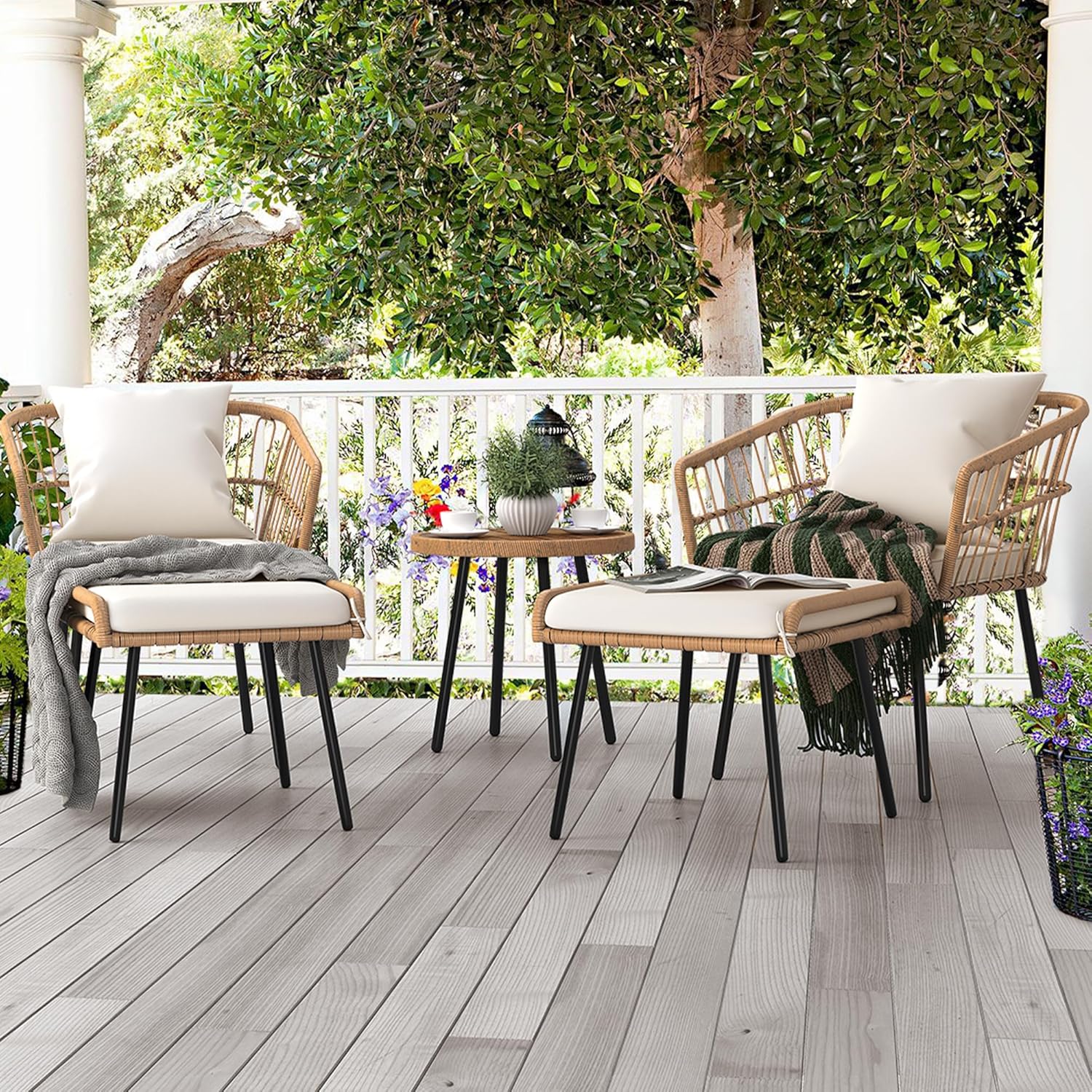 YITAHOME 2-Piece Outdoor Wicker Ottoman, All-Weather Patio Rattan Foot Rest with Cushions - Beige