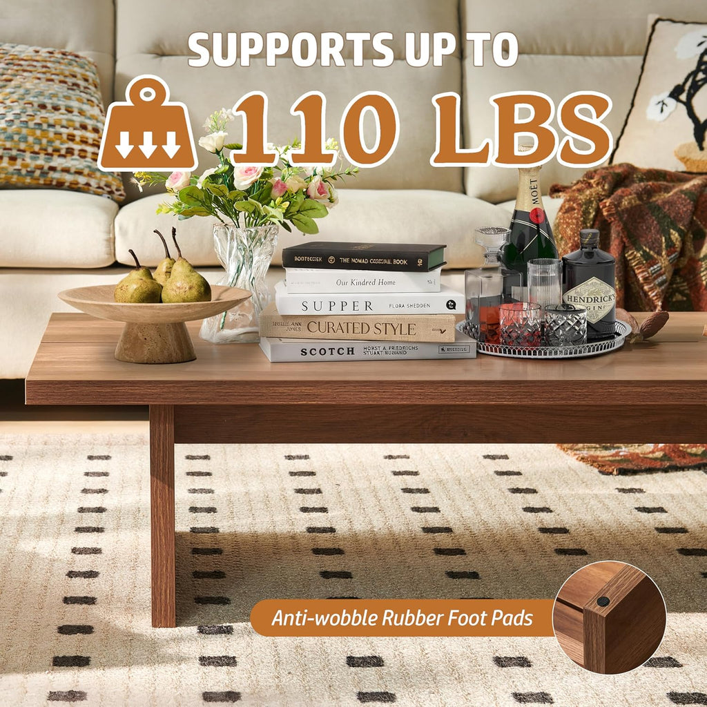 Rectangle Coffee Table, 47" Modern Walnut Living Room Table with Wood Grain Surface, Low Profile Center Table, Japanese Tea Table, 2-Leg Design for Small Apartment Sofa, Walnut Brown