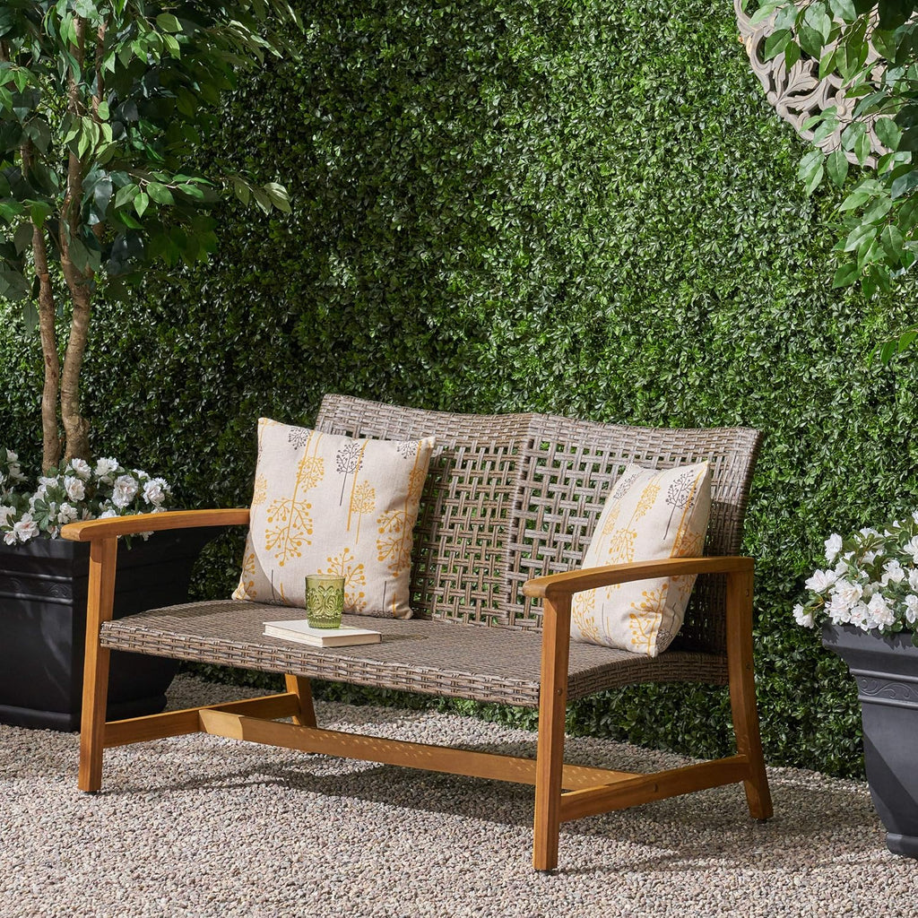 Great Deal Furniture Marcia Outdoor Wood and Wicker Loveseat, Natural Finish with Mix Mocha Wicker,Mix Mocha, Natural Stained Finish,307798