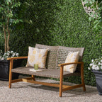Great Deal Furniture Marcia Outdoor Wood and Wicker Loveseat, Natural Finish with Mix Mocha Wicker,Mix Mocha, Natural Stained Finish,307798